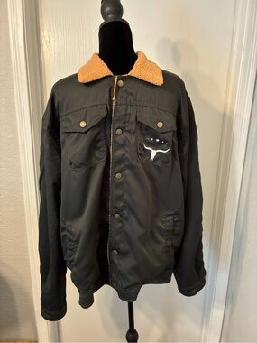 Men's Black Military-Style Jacket with Tan Sherpa Collar NWOT